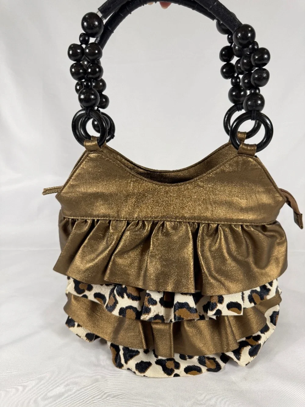 Y2K Bronze Leopard Ruffle Glam Handbag